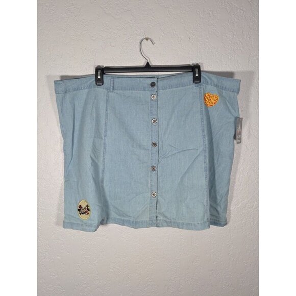 New Disney Parks Mickey Minnie Button Down Jean Skirt XXL 100% Cotton Patches - Picture 1 of 7